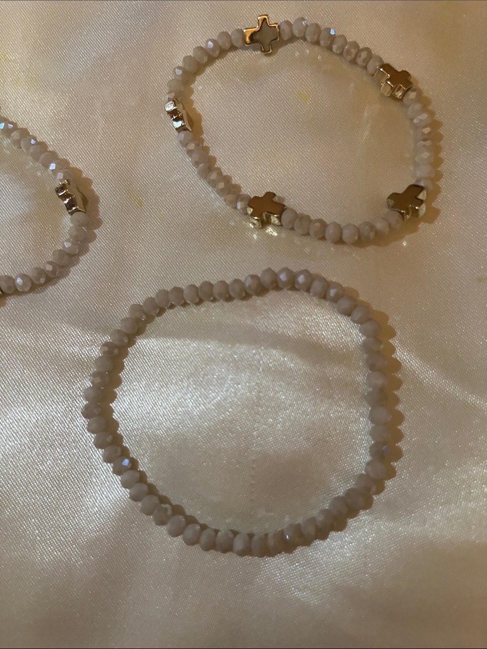Neutral Beaded Stretch Bracelet Set with Gold Cross Accents - Picture 4 of 5